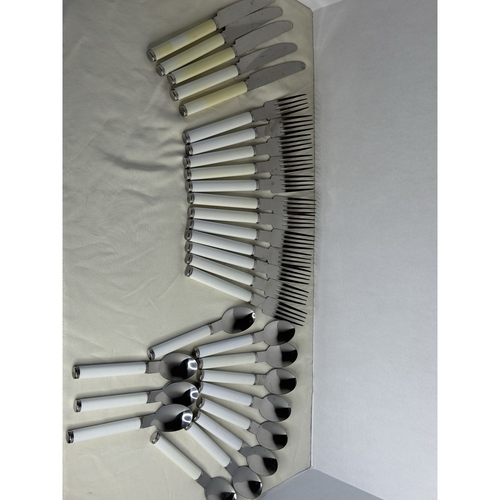 Pier 1 Imports Flatware Set 29 Pc‎ White Handle Stainless Steel Taiwan Vintage